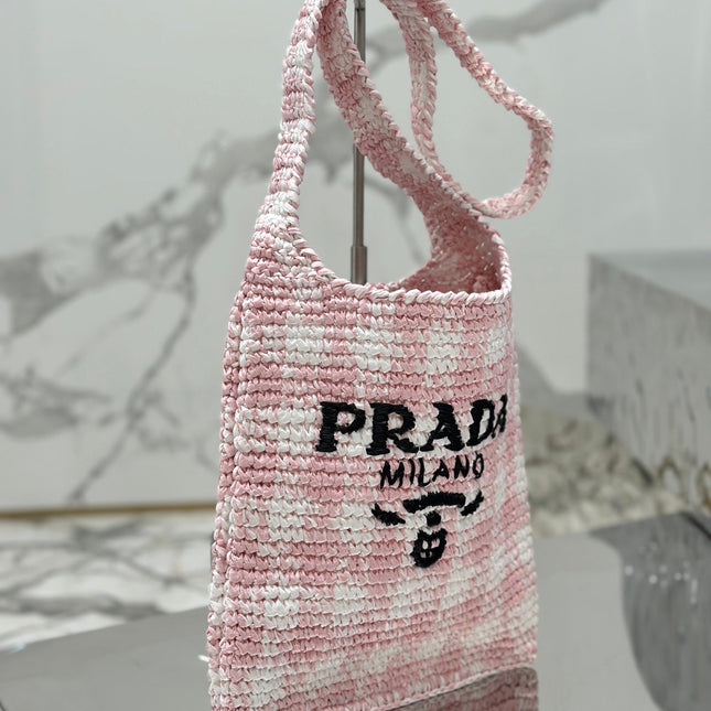 SMALL TOTE BAG 29 IN PINK MIX WHITE AND BLACK WOVEN RAFFIA