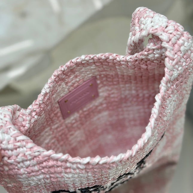 SMALL TOTE BAG 29 IN PINK MIX WHITE AND BLACK WOVEN RAFFIA