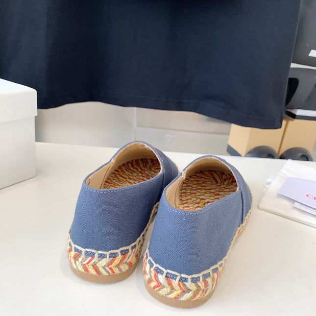 LOAFER SHOES IN PIGEON BLUE DENIM AND WOVEN RAFFIA