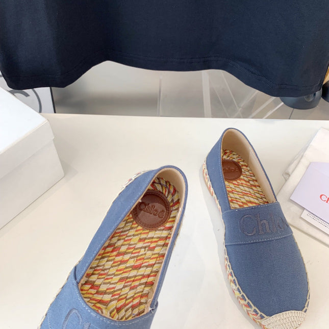 LOAFER SHOES IN PIGEON BLUE DENIM AND WOVEN RAFFIA