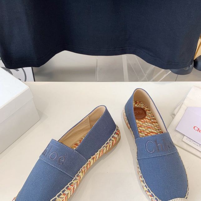 LOAFER SHOES IN PIGEON BLUE DENIM AND WOVEN RAFFIA