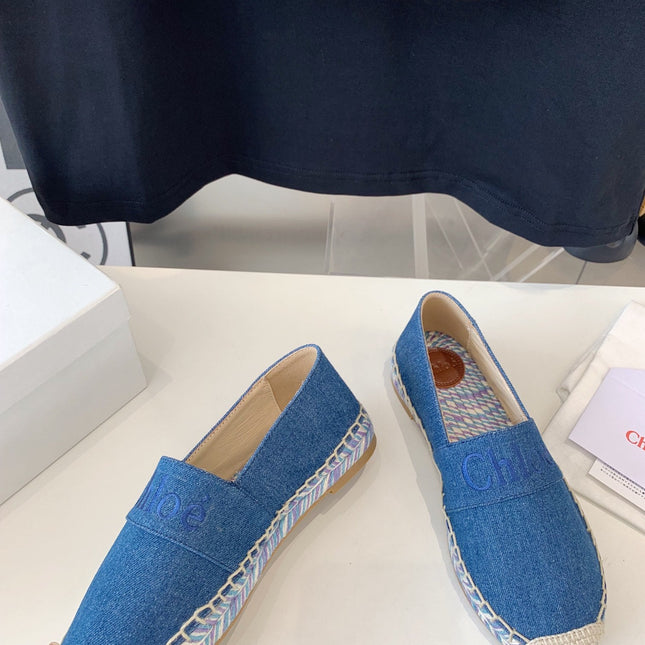 LOAFER SHOES IN CERULEAN BLUE DENIM AND WOVEN RAFFIA