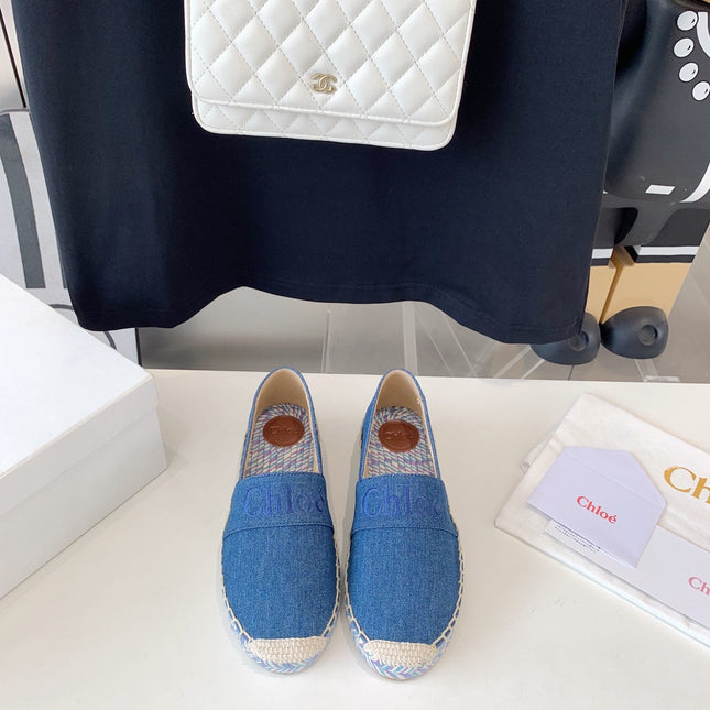 LOAFER SHOES IN CERULEAN BLUE DENIM AND WOVEN RAFFIA