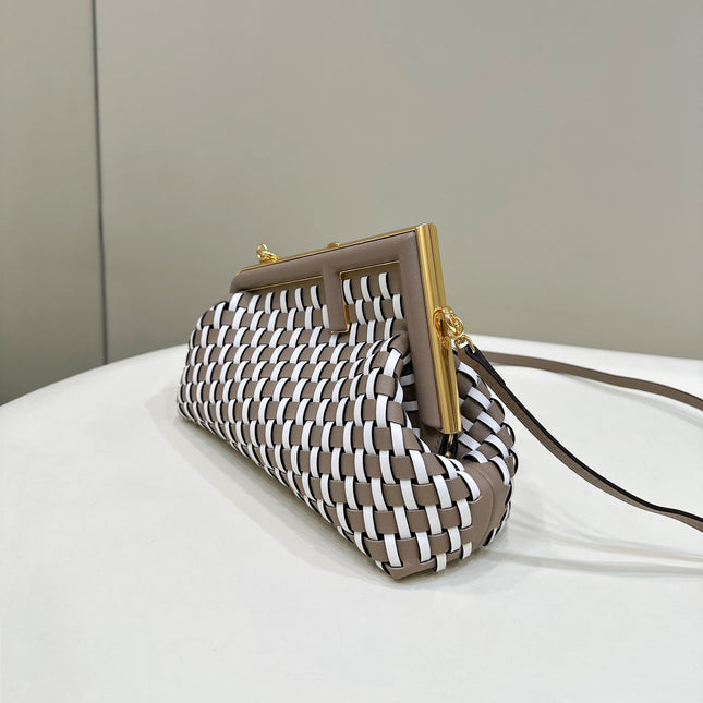 FENDI 26 FIRST SMALL IN TAN BROWN MIX WHITE CALFSKIN SILVER HARDWARE