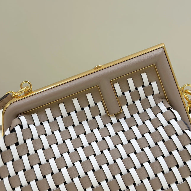 FENDI 26 FIRST SMALL IN TAN BROWN MIX WHITE CALFSKIN SILVER HARDWARE