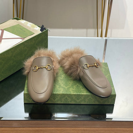 HORSEBIT MULE IN PEANUT BROWN CALFSKIN AND LAMB WOOL LINING