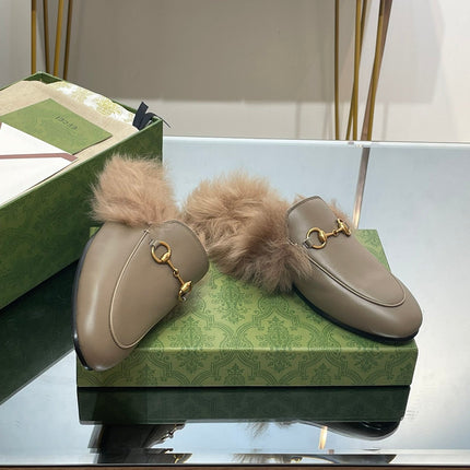 HORSEBIT MULE IN PEANUT BROWN CALFSKIN AND LAMB WOOL LINING