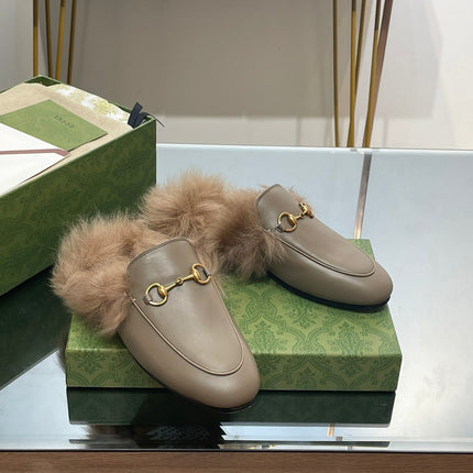 HORSEBIT MULE IN PEANUT BROWN CALFSKIN AND LAMB WOOL LINING