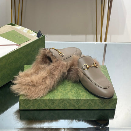 HORSEBIT MULE IN PEANUT BROWN CALFSKIN AND LAMB WOOL LINING