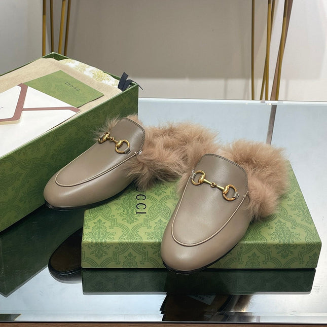 HORSEBIT MULE IN PEANUT BROWN CALFSKIN AND LAMB WOOL LINING