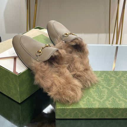 HORSEBIT MULE IN PEANUT BROWN CALFSKIN AND LAMB WOOL LINING