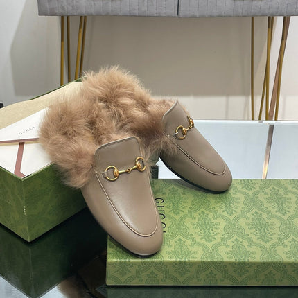 HORSEBIT MULE IN PEANUT BROWN CALFSKIN AND LAMB WOOL LINING