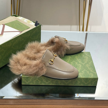 HORSEBIT MULE IN PEANUT BROWN CALFSKIN AND LAMB WOOL LINING