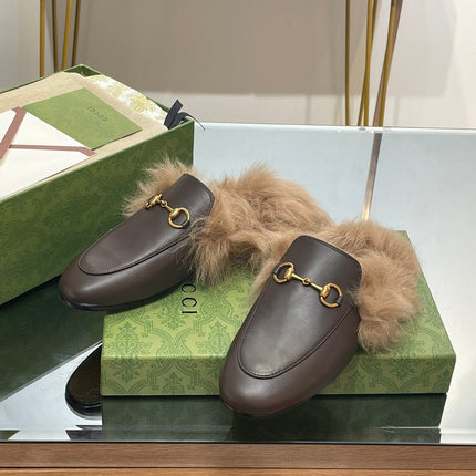 HORSEBIT MULE IN MOCHA BROWN CALFSKIN AND LAMB WOOL LINING