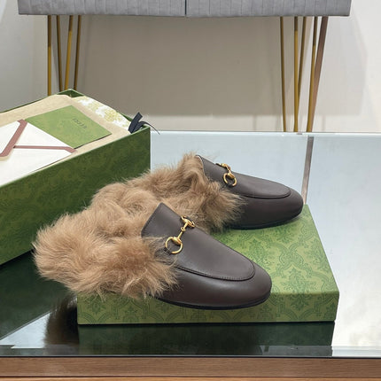 HORSEBIT MULE IN MOCHA BROWN CALFSKIN AND LAMB WOOL LINING