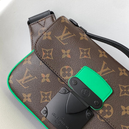 LV 25S S LOCK MESSENGER BAG 21 IN NEON JADE AND BROWN MONOGRAM MACASSAR CALFSKIN