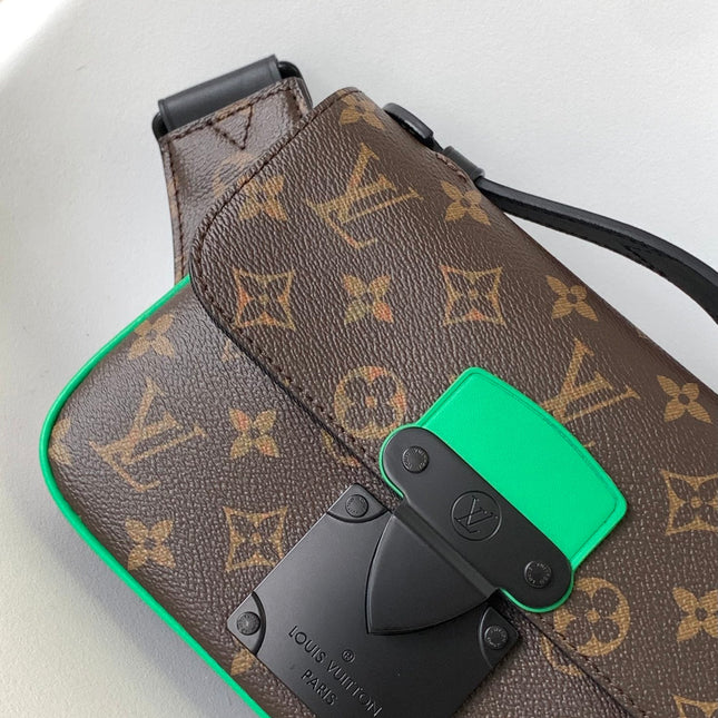 LV 25S S LOCK MESSENGER BAG 21 IN NEON JADE AND BROWN MONOGRAM MACASSAR CALFSKIN