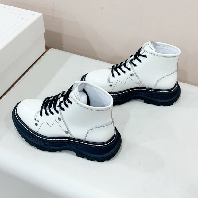 MCQUEEN LEATHER ANKLE BOOT IN WHITE MIX BLACK LAMBSKIN