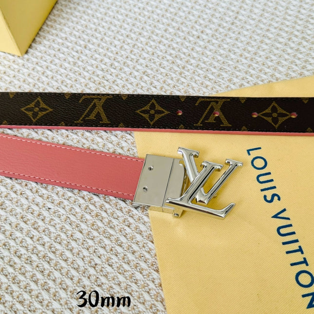 LV Initiales 30mm Reversible Belt Silver Rotating Buckle Pink Brown Leather