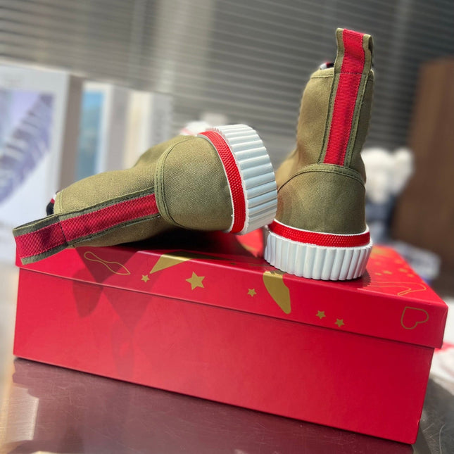 LUBOTING PEDRO HIGH-TOP SNEAKERS IN DARK GREEN MIX RED FABRIC