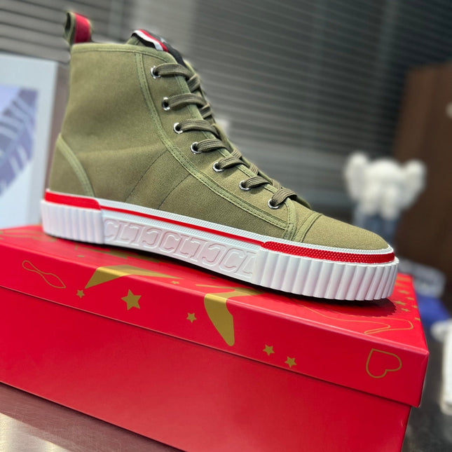LUBOTING PEDRO HIGH-TOP SNEAKERS IN DARK GREEN MIX RED FABRIC