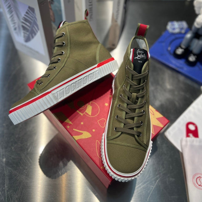 LUBOTING PEDRO HIGH-TOP SNEAKERS IN DARK GREEN MIX RED FABRIC