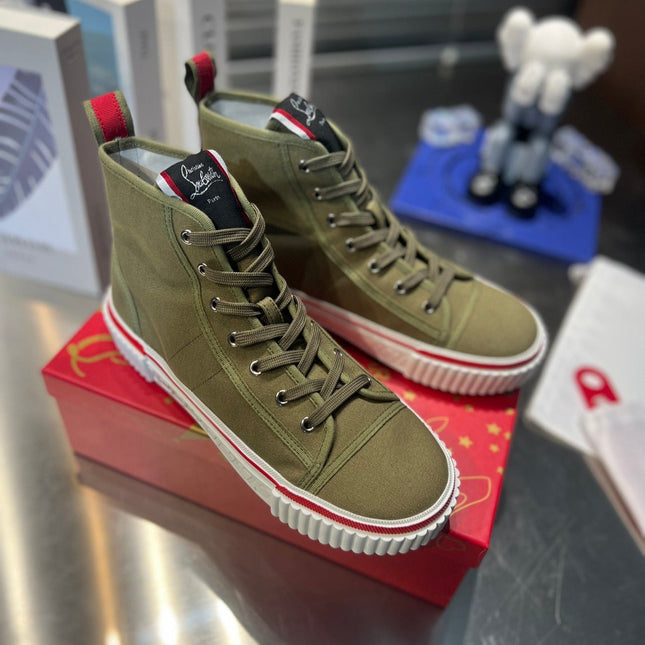LUBOTING PEDRO HIGH-TOP SNEAKERS IN DARK GREEN MIX RED FABRIC