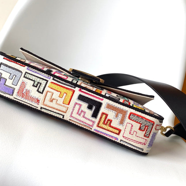 Fend Baguette Black and Multicolour Canvas Bag 27 with FF Embroidery Ghw