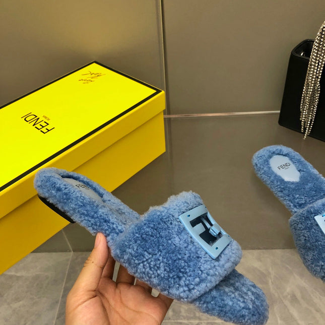 FENDI BAGUETTE SLIDE SLIPPERS IN CERULEAN BLUE WOOL
