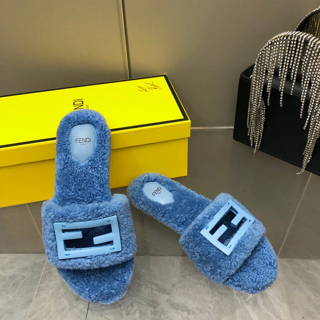 FENDI BAGUETTE SLIDE SLIPPERS IN CERULEAN BLUE WOOL