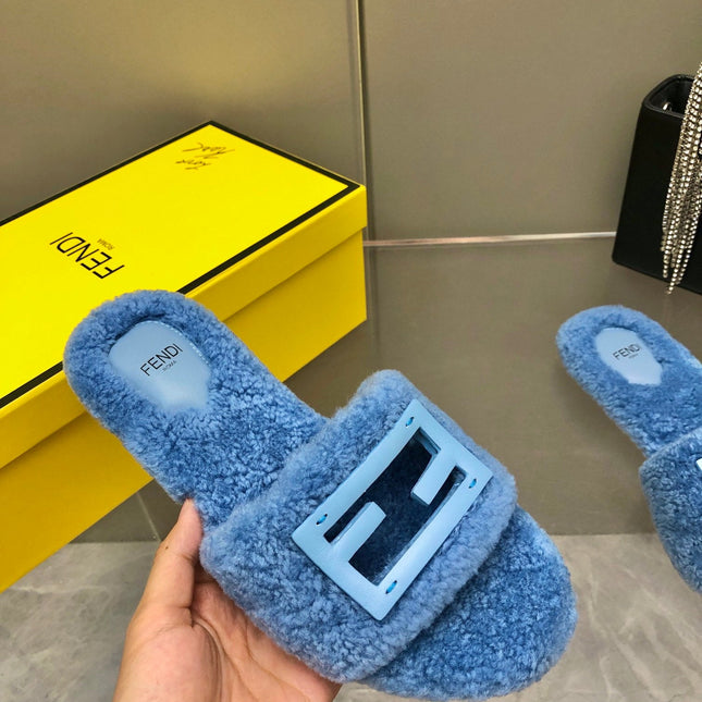FENDI BAGUETTE SLIDE SLIPPERS IN CERULEAN BLUE WOOL
