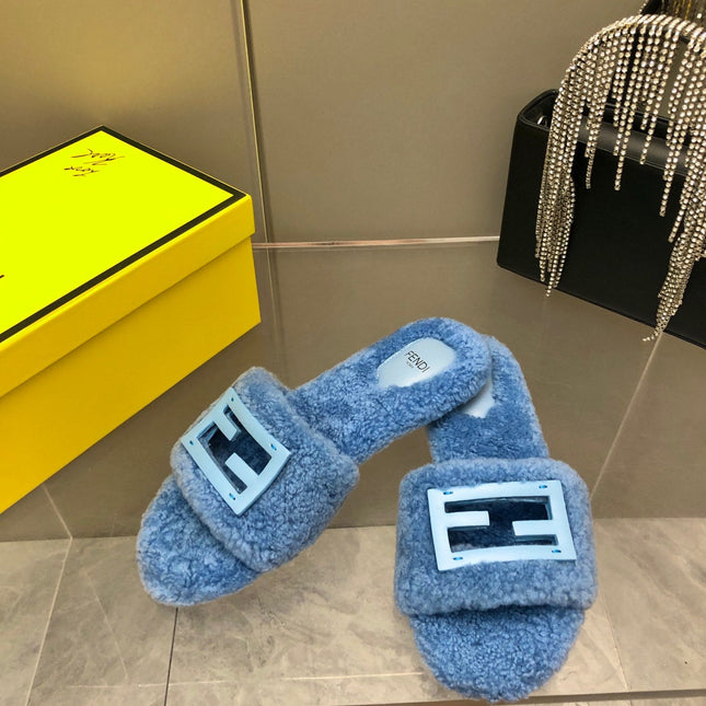 FENDI BAGUETTE SLIDE SLIPPERS IN CERULEAN BLUE WOOL