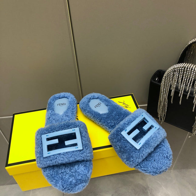 FENDI BAGUETTE SLIDE SLIPPERS IN CERULEAN BLUE WOOL