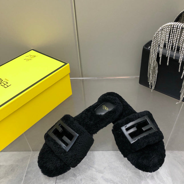 FENDI BAGUETTE SLIDE SLIPPERS IN BLACK WOOL
