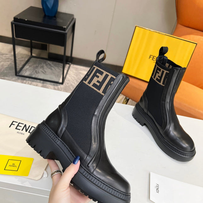 FENDI ROCKOKO BIKER BOOTS IN BLACK CALFSKIN WITH STRETCH FABRIC
