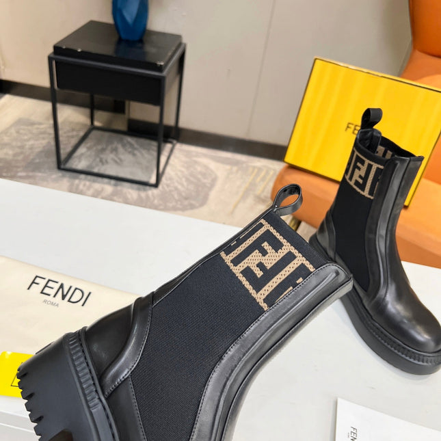 FENDI ROCKOKO BIKER BOOTS IN BLACK CALFSKIN WITH STRETCH FABRIC