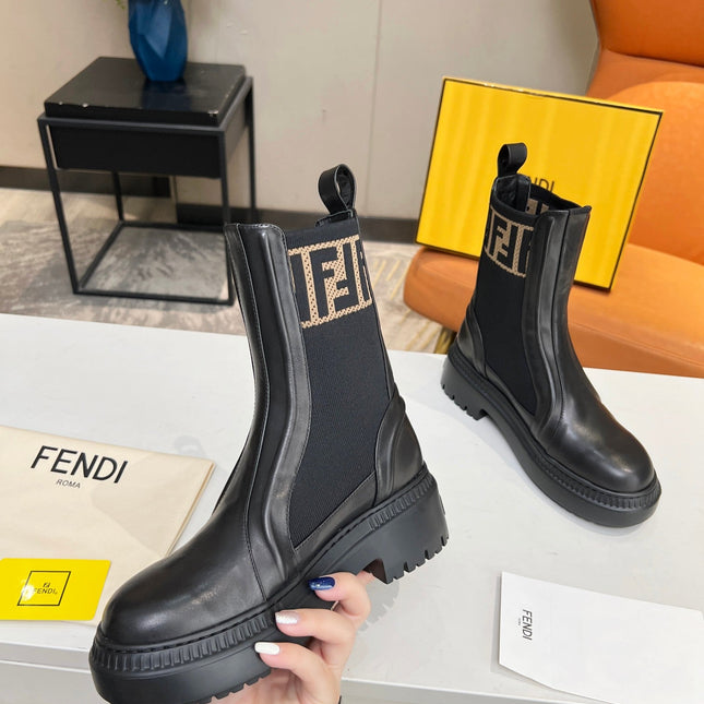 FENDI ROCKOKO BIKER BOOTS IN BLACK CALFSKIN WITH STRETCH FABRIC