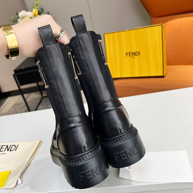 FENDI ROCKOKO BIKER BOOTS IN BLACK CALFSKIN WITH STRETCH FABRIC