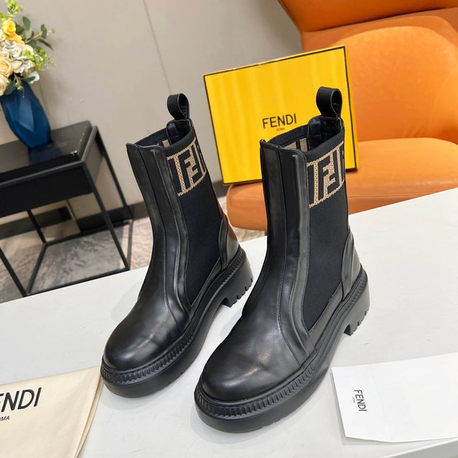 FENDI ROCKOKO BIKER BOOTS IN BLACK CALFSKIN WITH STRETCH FABRIC