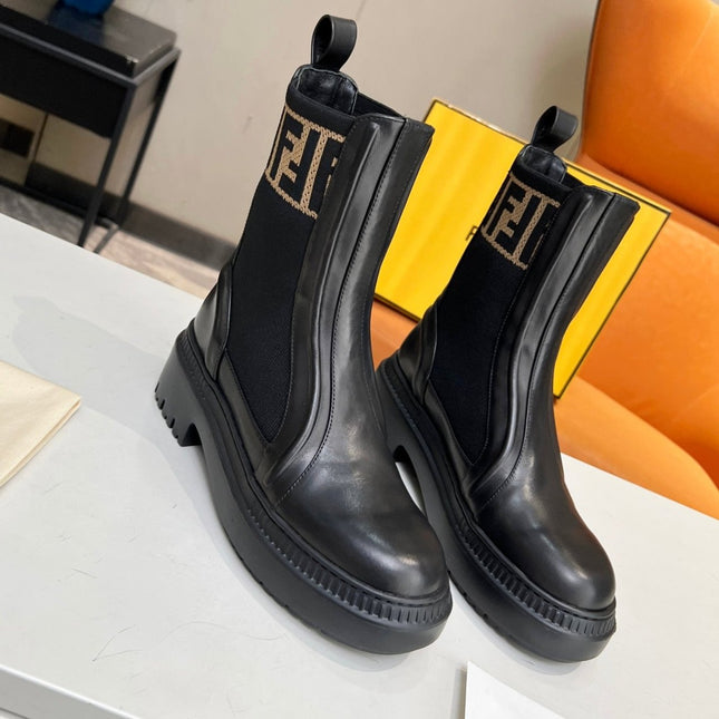 FENDI ROCKOKO BIKER BOOTS IN BLACK CALFSKIN WITH STRETCH FABRIC