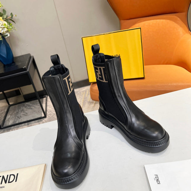 FENDI ROCKOKO BIKER BOOTS IN BLACK CALFSKIN WITH STRETCH FABRIC