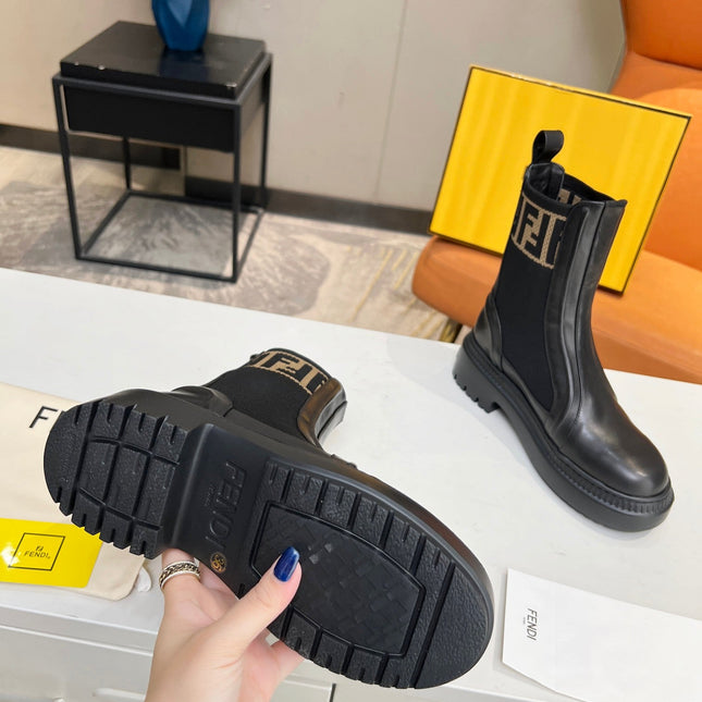 FENDI ROCKOKO BIKER BOOTS IN BLACK CALFSKIN WITH STRETCH FABRIC