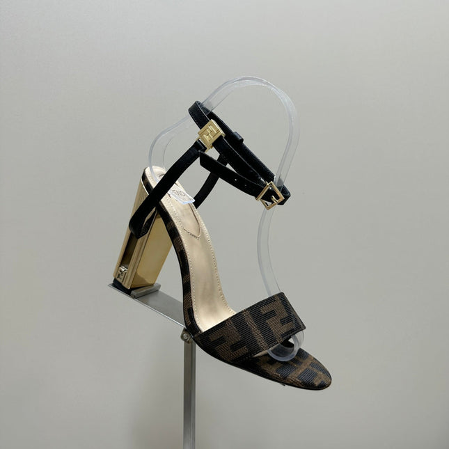 FENDI DELFINA HIGH-HEELED 10 CM SANDAL IN BROWN MONOGRAM FF CANVAS