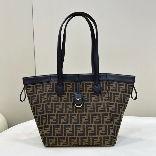 FENDI ORIGAMI MEDIUM 27 BROWN MIX BLACK FF JACQUARD FABRIC BAG