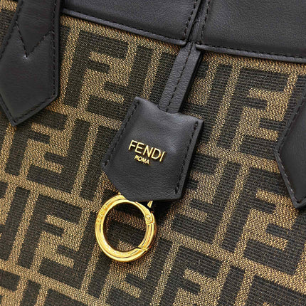 FENDI ORIGAMI MEDIUM 27 BROWN MIX BLACK FF JACQUARD FABRIC BAG
