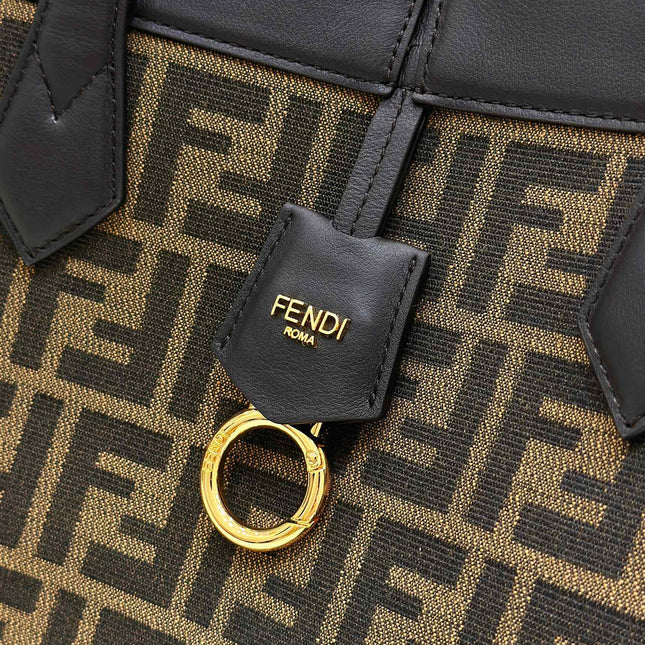 FENDI ORIGAMI MEDIUM 27 BROWN MIX BLACK FF JACQUARD FABRIC BAG