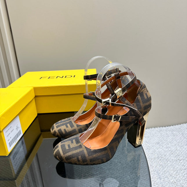 FENDI DELFINA HIGH-HEELED 85 MM SANDAL IN BROWN MONOGRAM FF CANVAS