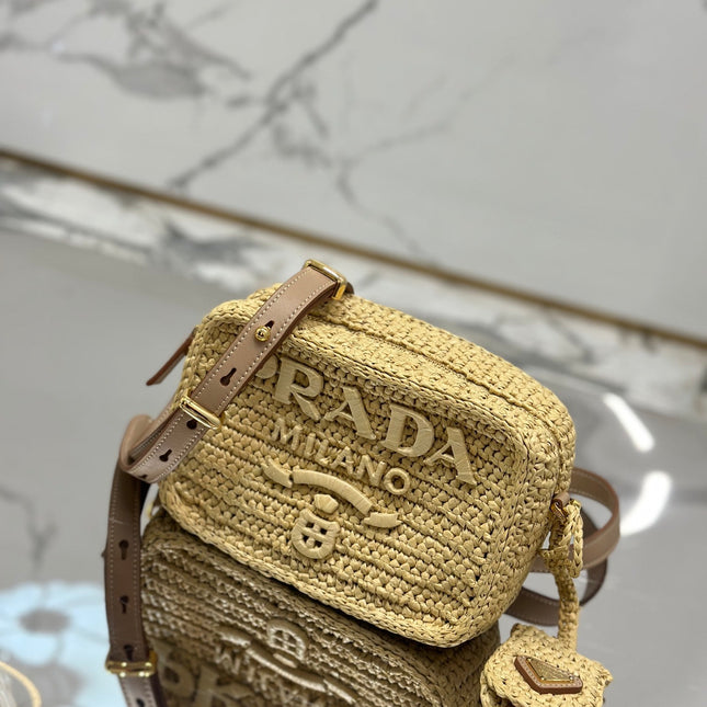 CAMERA BAG 20 IN BEIGE WOVEN RAFFIA