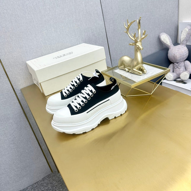 TREAD SLICK LACE UP SNEAKERS IN BLACK CANVAS WHITE  RUBBER SOLE