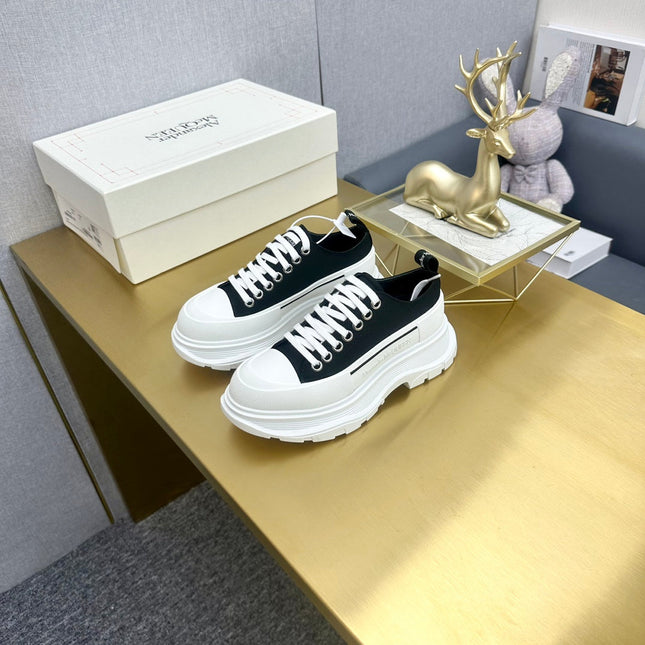 TREAD SLICK LACE UP SNEAKERS IN BLACK CANVAS WHITE  RUBBER SOLE